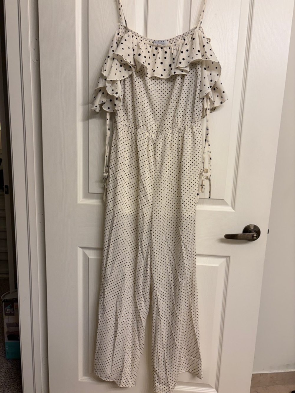 FAVLUX Cream Polka Dot Ruffle Strap Jumpsuit